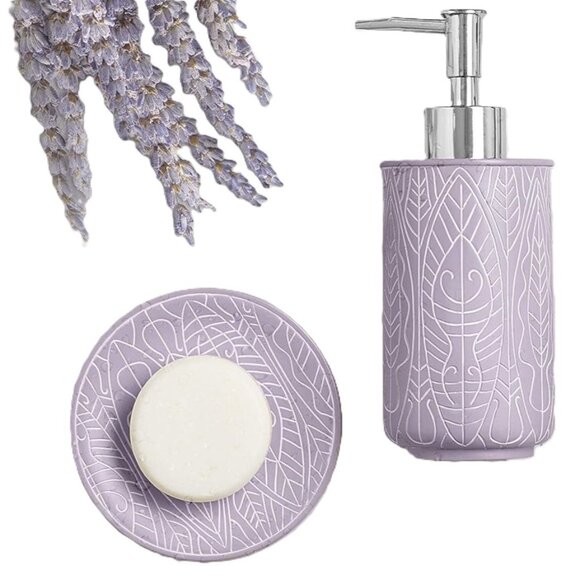 Soap Pump Dispenser and Soap Dish Lavender Purple and White Sketched Art SET - Picture 1 of 9